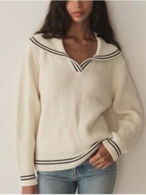 Doen Cream Ribbed Sailor-Collar Sweater with Black Trim